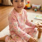 کودک با ست لباس راحتی صورتی طرح تک‌شاخ و گل‌ها نشسته روی فرش و بازی با بلوک‌های چوبی